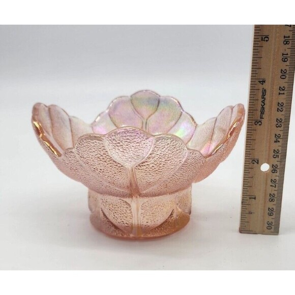 SMITH Pink Iridescent Carnival Glass Textured Cabbage Leaf Candle Holder Vtg - Picture 8 of 8